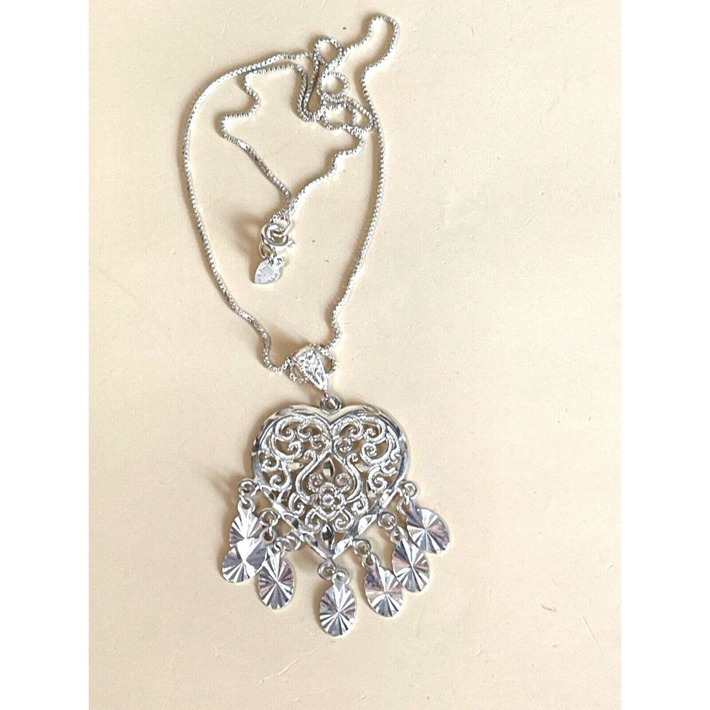 Valentine Dangling Heart Sterling Filigree Necklace 925 Turkey 16" - Picture 2 of 15